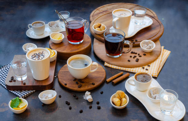 Different types of coffees and teas- perspective view